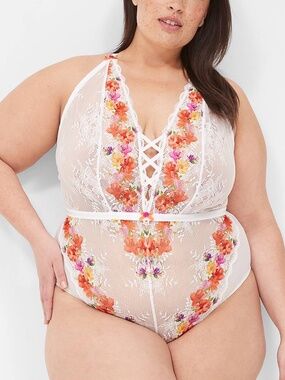 Cacique - Digital Print Floral Sheer Lace White Plunge Strappy Bodysuit 18/20 2X